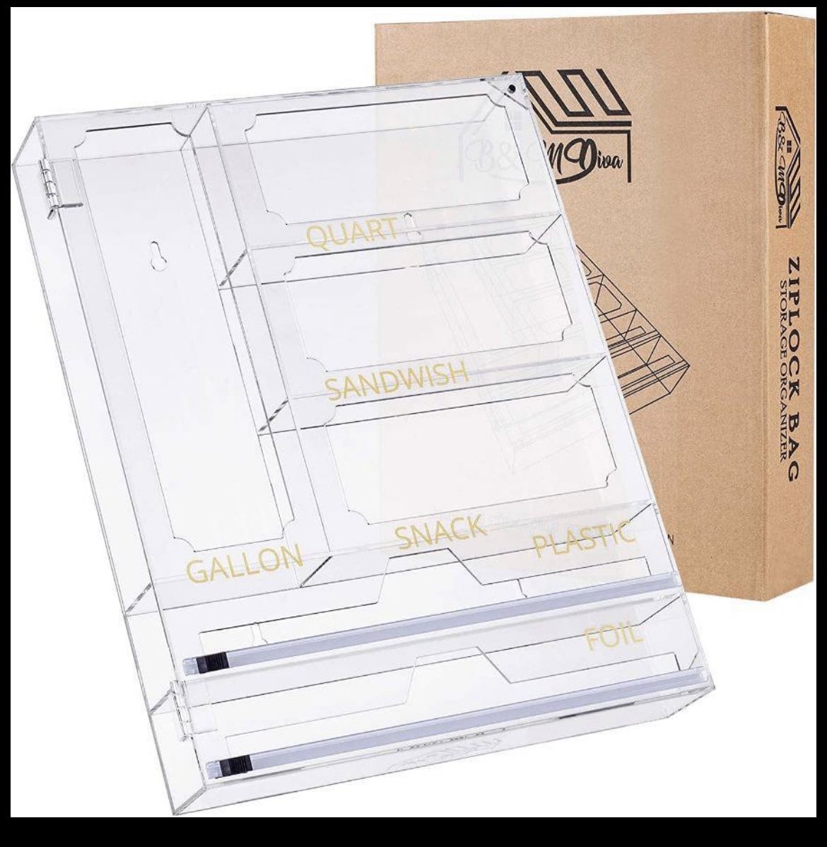 Ziplock Bag Storage Organizer and Wrap Dispenser with Cutter, 6 in 1 Acrylic Kitchen Drawer Organizer, Foil and Plastic Wrap Organizer, Plastic Baggie