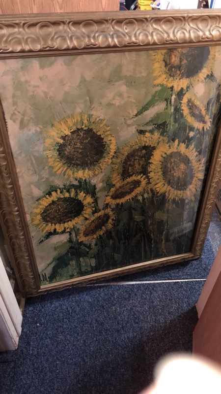 J. Mastin Sunflowers oil painting print in frame