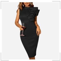 Elegant Black High Neck Ruffle Sleeve Dress SMALL 