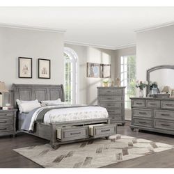 Gray King Bed Frame With Storage Drawers (Free Delivery)
