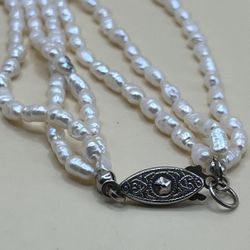 Vintage Three Strand Genuine Rice Pearl Necklace Choker