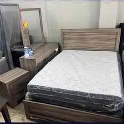 new 6 pcs  queen bedroom set  1 bed frame  2 box spring  3 mattress  4 dresser  5 mirror