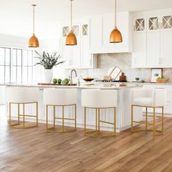 Upholstered Kitchen Island Bar Chairs with Gold Metal Frames (Beige)