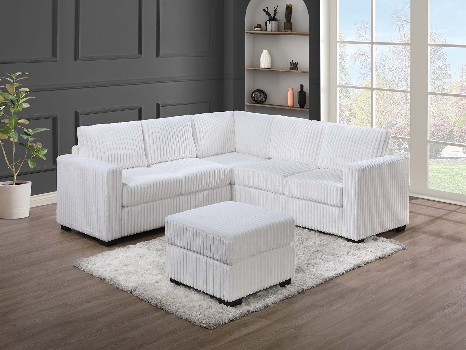 White Corduroy Sectional Sofa With Ottoman