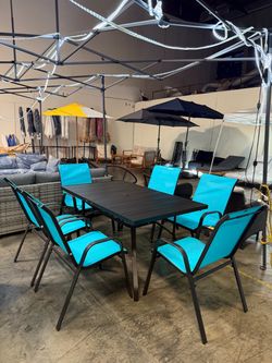 New 7 pcs Outdoor Dining Set Metal Table 6 Stackable Chairs Patio Furniture