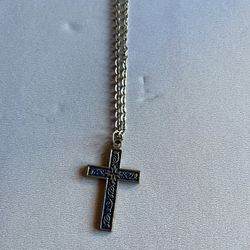 Silver Toned Decorative Cross And Chain 