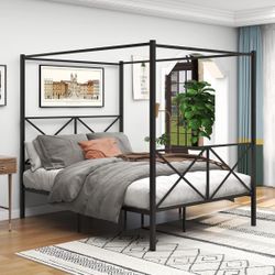 New in! Queen Size Canopy Bed Frame with Metal Headboard and Footboard Modern Style Steel Bed