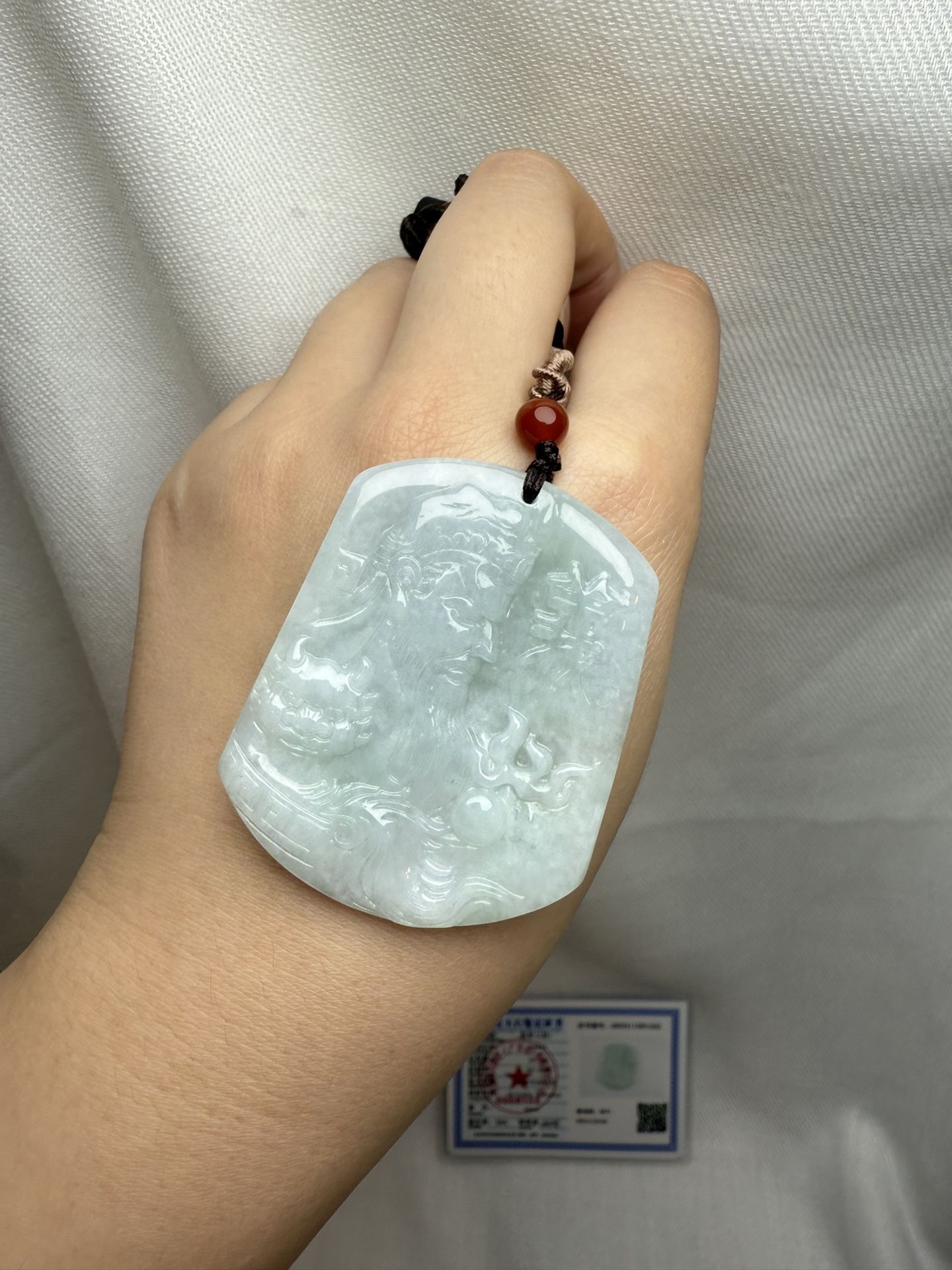 Certified Burma Jadeite Jade Engraved Guan Yu Pendant Cord Necklace