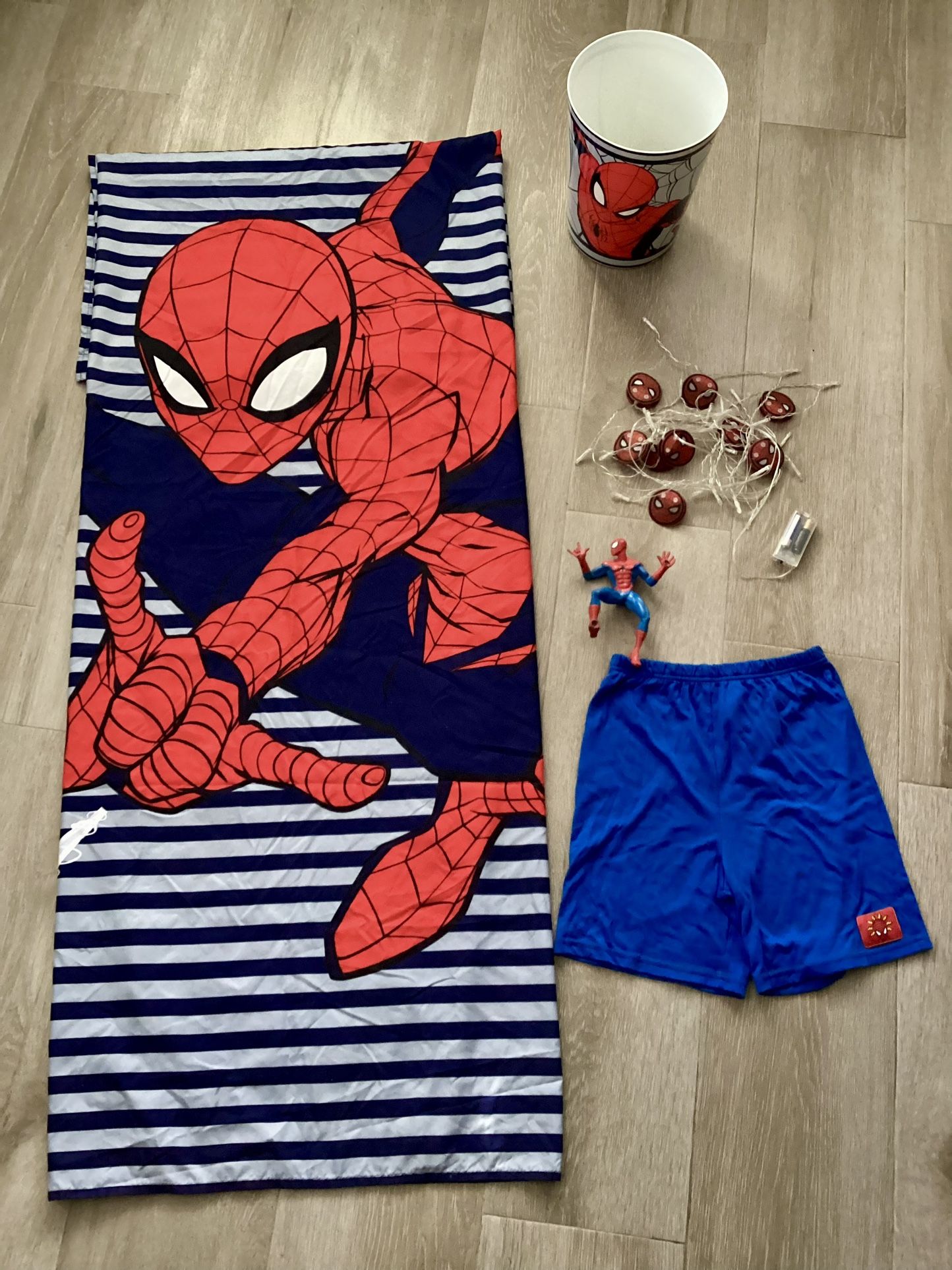 Spider-Man Marvel Lot Kids Bathroom Decor Shower Curtain Trash Garbage Can LED String Lights Action Figure Pajama Shorts Kids 10