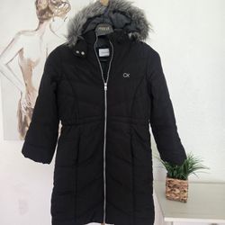 Calvin Klein Jeans Girls Kids Black Puffer Jacket with Faux Fur Hood Size XL