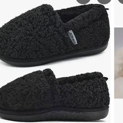 Black Sherpa Fuzzy Memory Foam Slippers Size 7