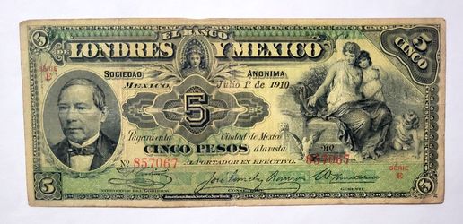 Vintage 5 Pesos large banknote issued by El Banco de Londres y México, dated July 1, 1910
