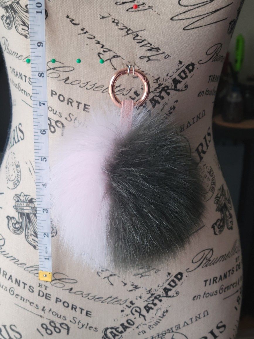 8" Long Hunter Green & Light Pink Fur 6" Pom Pom Keychain + 2 Fur Freebies
