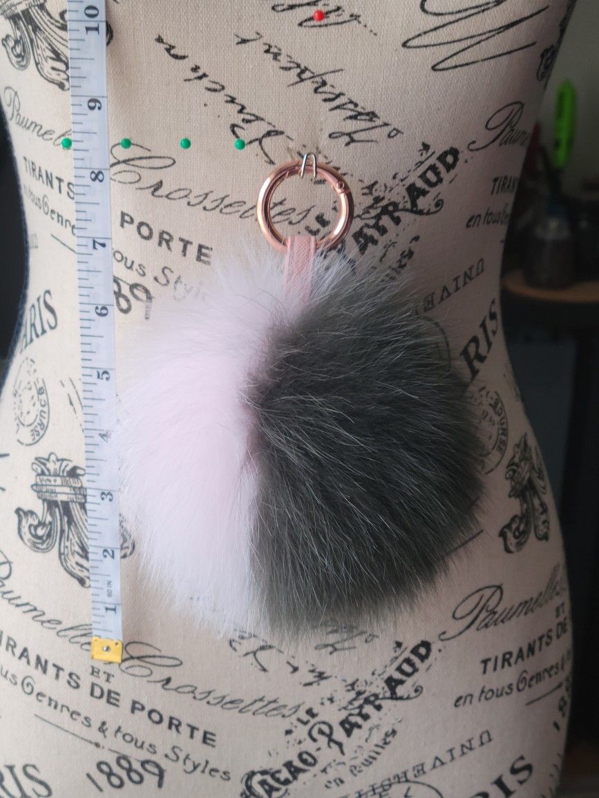 8" Long Hunter Green & Light Pink Fur 6" Pom Pom Keychain + 2 Fur Freebies 