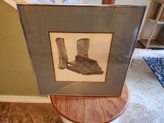 Original Signed T. Angular Cowboy drawing of boots and jeans framed size 19 x 20 inches.