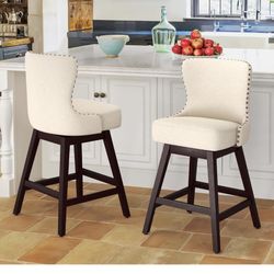 Counter Height Bar Stools Set of 2, 26" H Swivel Bar Stool with Back, Linen Fabric Counter Stool, Solid Wood Legs, Retro Upholstered Barstools for Kit