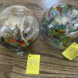 6” Kitras Art Glass Tree of Enchantment / Life Hand Blown Ornament Sphere Globes (x2)