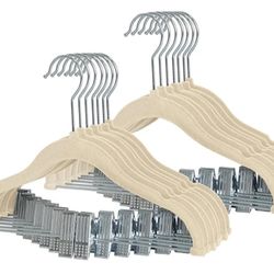 Non-Slip Clothes Hangers~Beige~ for Baby and Kids 14-Pack Velvet Hangers with Movable Clips