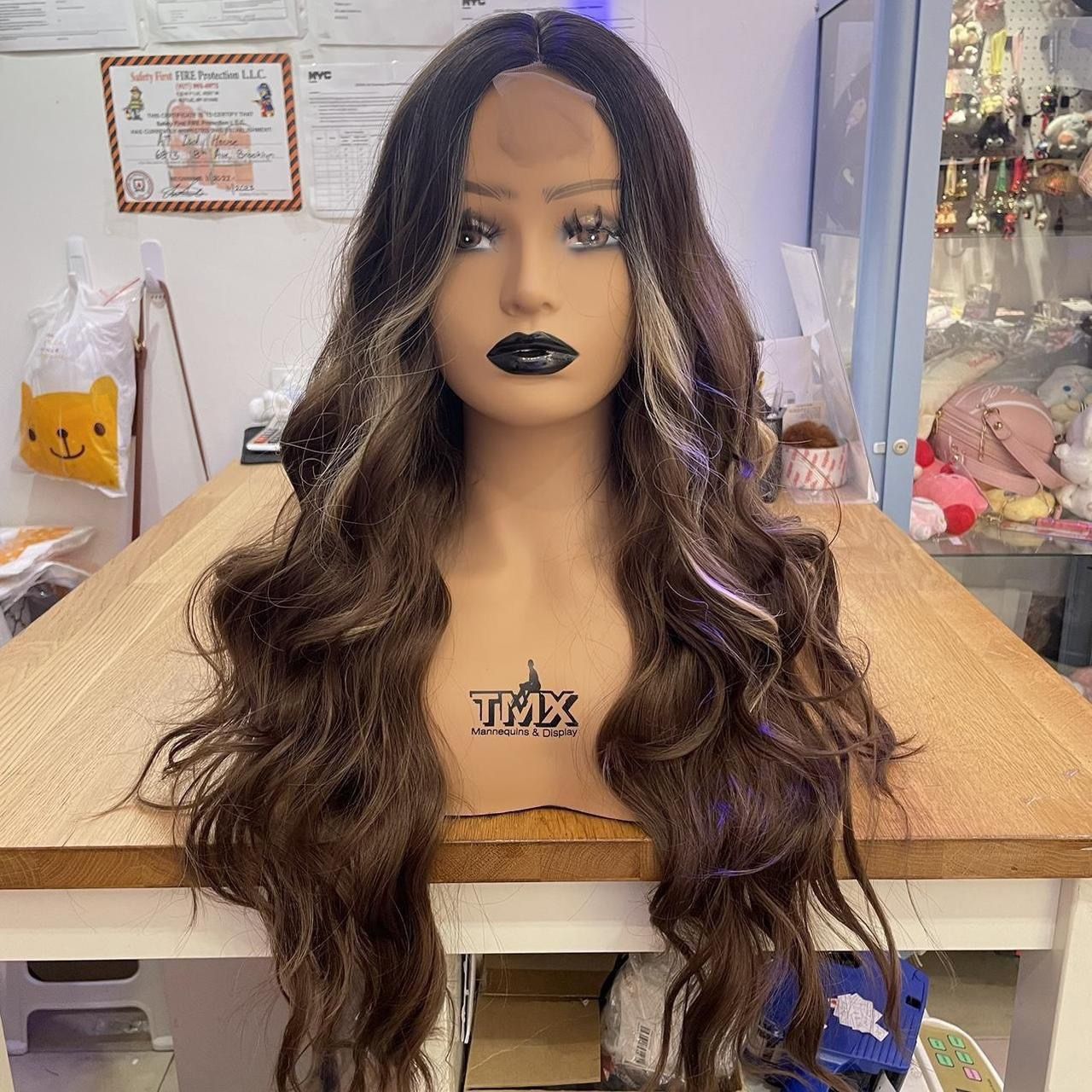 Human hair blend lace front brown/blonde highlights wavy wig