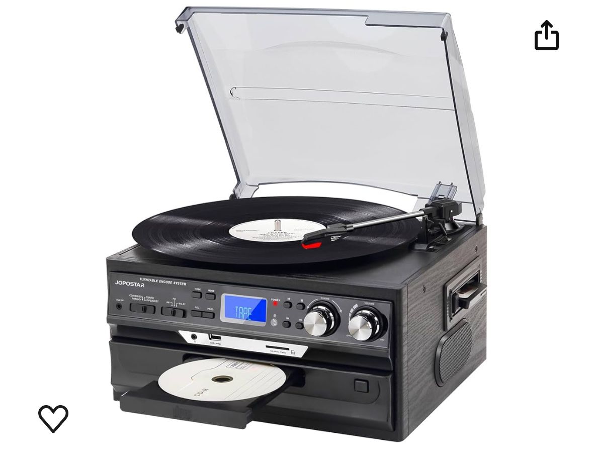 JOPOSTAR 3-Speed Vinyl Record Player Bluetooth Turntable with Built-in Dual Speakers, Vinyl Gramphone with CD/Cassette AM/FM Radio USB/SD/MMC AUX in/R