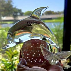 Vintage MURANO Clear Crystal Dolphin on Billicante Globe  ORB Original Murano Sticker 