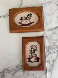 Vintage Handmade Cross Stitch Nursery Wall Art – Teddy Bear & Rocking Horse – Set of 2
