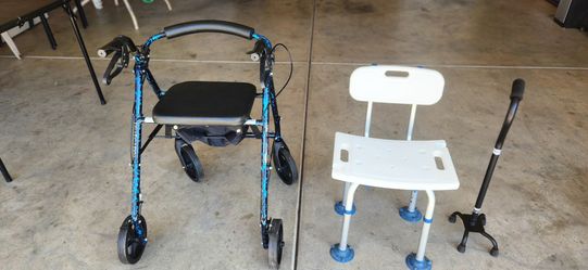 Shower chair, 4 wheel rolling walker, quad cane