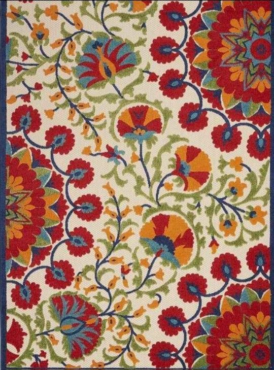 New. Nourison Aloha Indoor/Outdoor Red/Multi 8×10 Area Rug, Easy Cleaning, Non Shedding.
