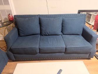 Blue Fabric 3-Seat Sofa with Nailhead Trim