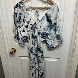 Japna Handmade India Maxi Dress Size M Deep V Smocking Waist Kimono Sleeves Tie Dyed Blue Good Condition
