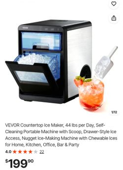 VEVOR Countertop Ice Maker, 44 lbs per Day, Self-Cleaning Portable Machine with Scoop, Drawer-Style Ice Access, Nugget Ice-Making Machine with Chewabl