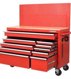 Husky 52 in. W 10-Drawer Gloss Red Mobile Workbench Cabinet with Solid Wood Top and Pegboard