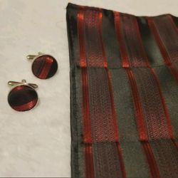 Barry Wang Cufflinks + Handkerchief Red Black NEW