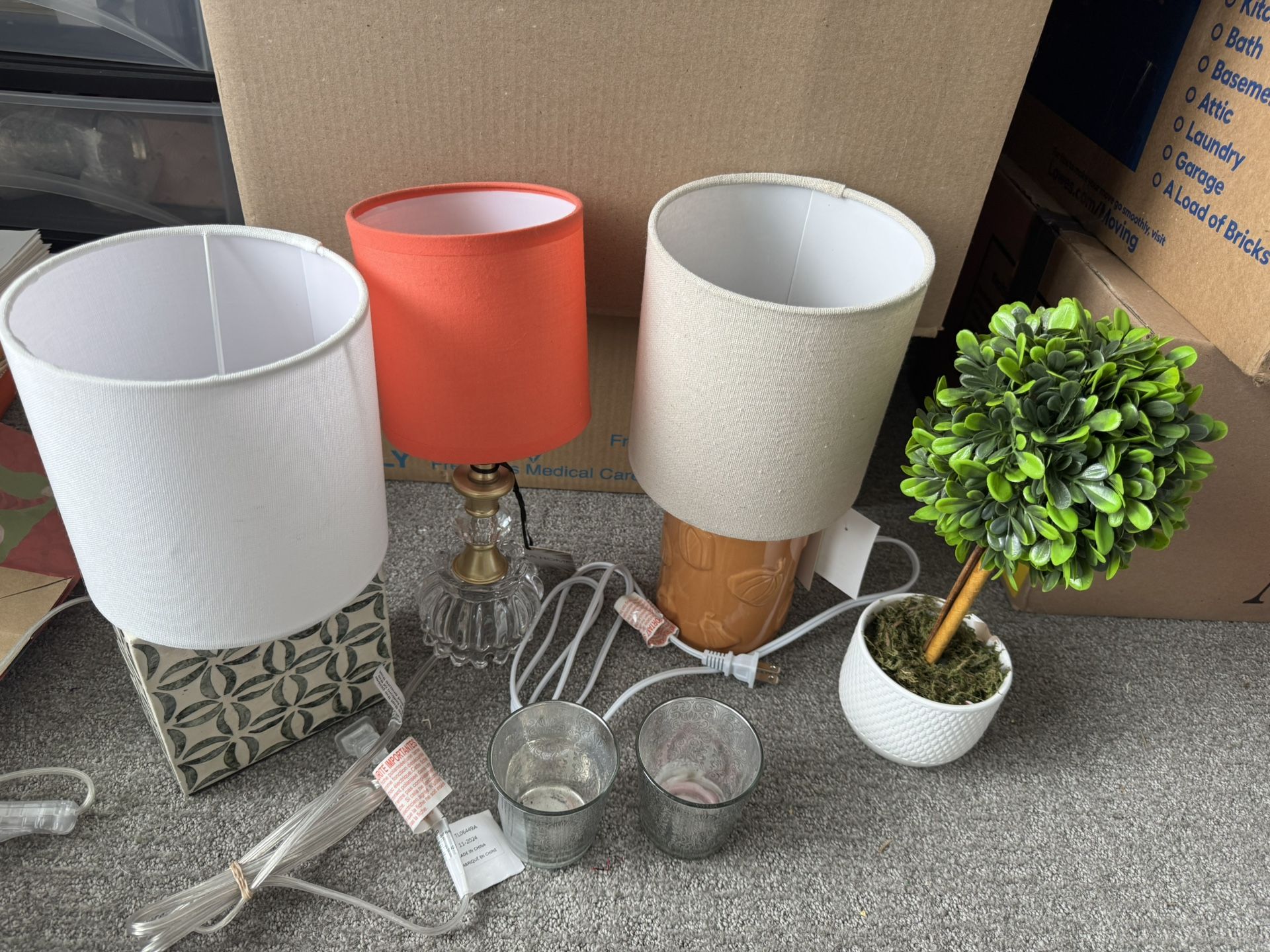 3 small lamps, topiary and 2 candlesticks, all for $15