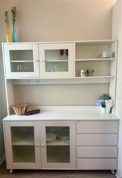 White Kitchen Hutch / Buffet Cabinet with Glass Doors – Like New. $225 OBO