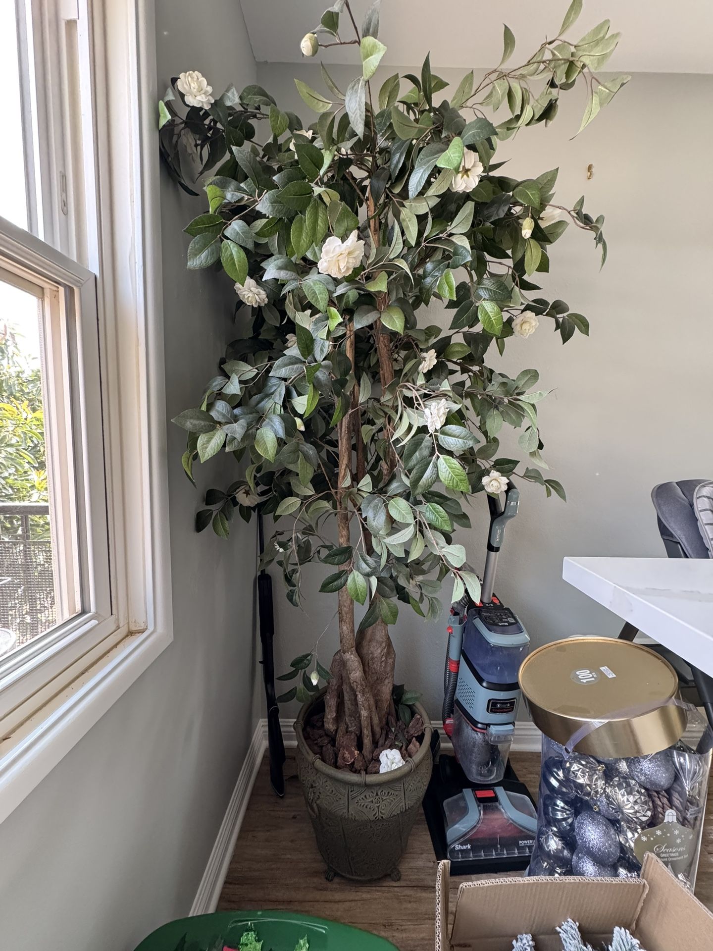 Large Artificial Decorative Tree with White Flowers in Ornate Pot