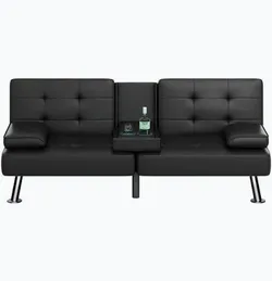 Futon Sofa Bed Faux Leather Couch Modern Convertible Folding Recliner with 2 Cup Holders