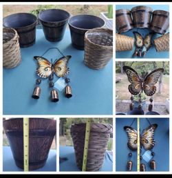 6 peice butterfly windchime whisky barrel woven  wood baskets