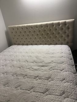 Queen Beige Tufted Headboard, Queen, Mattress, Boxspring, And Frame!!! 