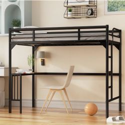 Twin Metal Loft Bed with Desk, Ladder and Guardrails,bookdesk Under Bed, Black