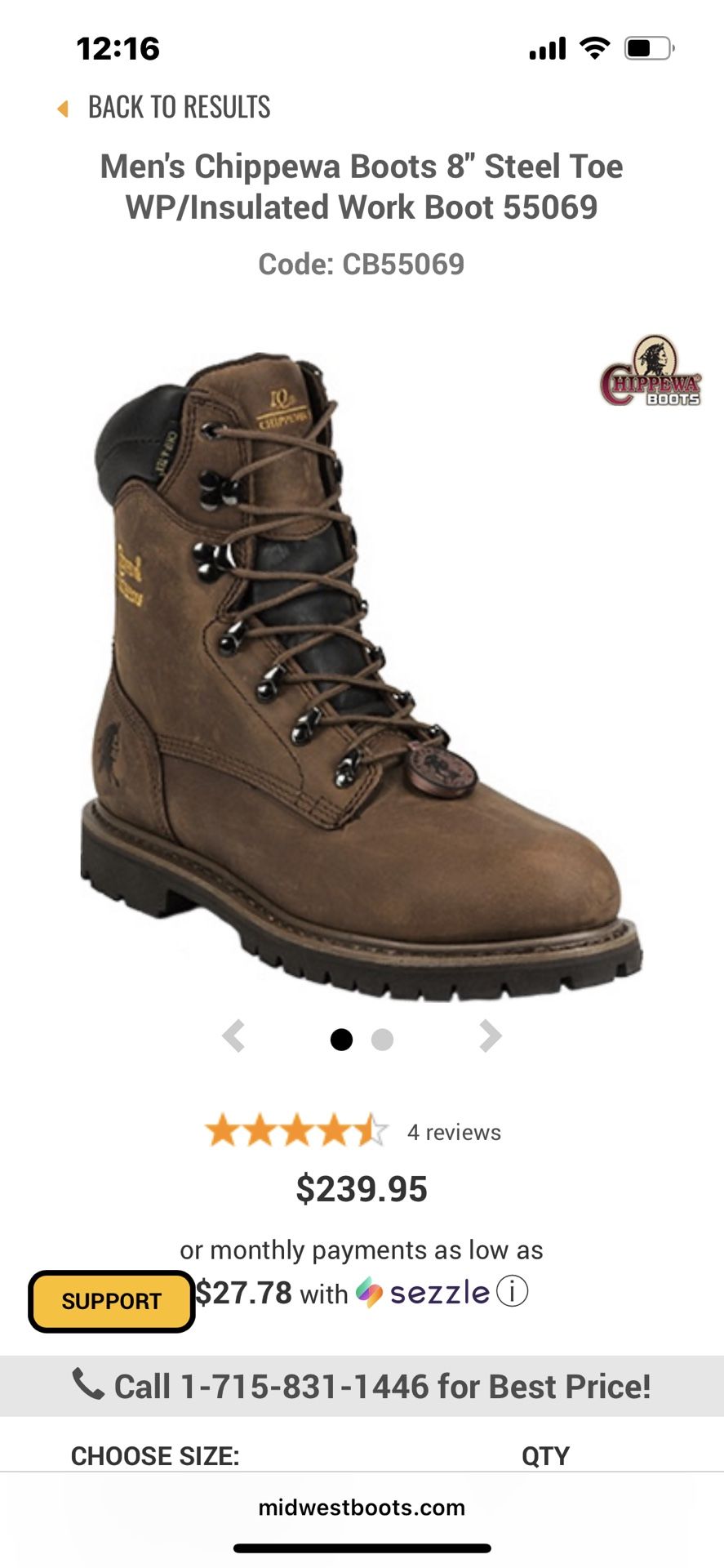 Men's Chippewa Boots 8" Steel Toe WP/Insulated Work Boot