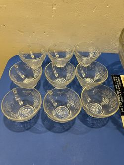 Vintage Glass Bowl With Matching Cups Set 