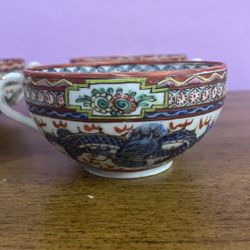 Green And Blue Dragon Cups And Saucers Handpainted