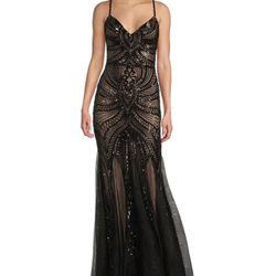 Neck Spaghetti Strappy Back Placed Sequin Sheath Gown