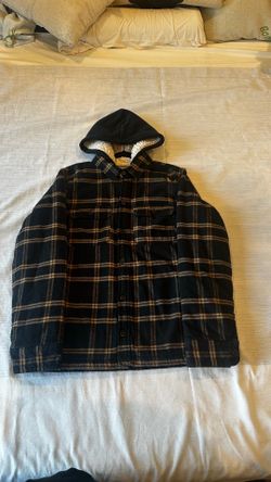 Hollister Men's Hooded Sherpa Lined Plaid Button Front Shacket Black Beige M