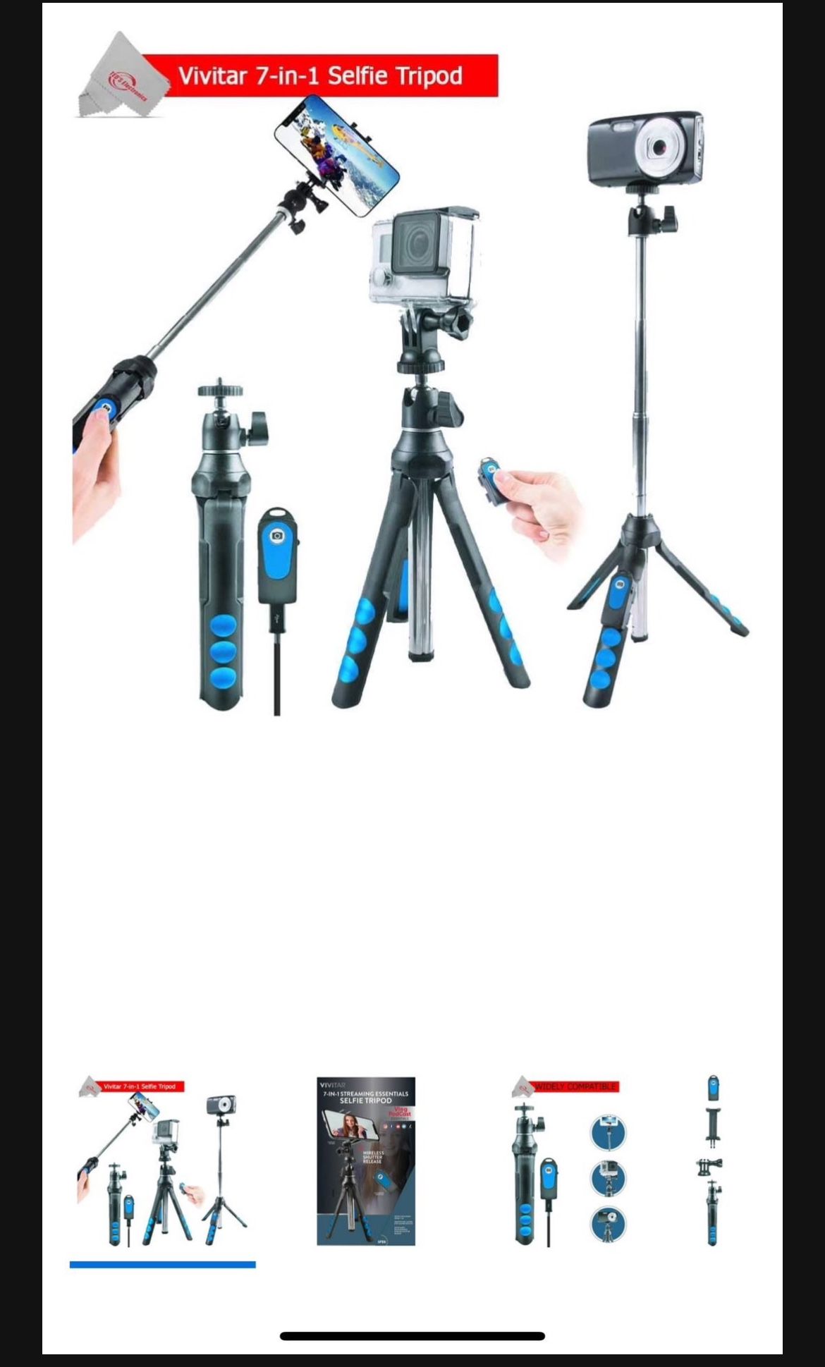 Vivitar 7-in-1 Tripod Selfie Stick for Smartphones Cameras and GoPro VIVTR595VG
