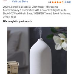 200ML Ceramic Essential Oil Diffuser - Ultrasonic Aromatherapy & Humidifier with 7-Color LED Lights, Auto Shut-Off, Wood Grain Base, 1H/3H/6H Timer | 