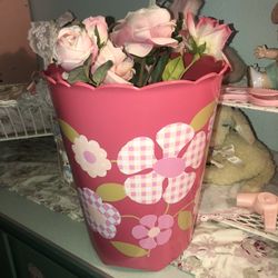 Vintage pink Plastic flower power waste basket  /trashcan