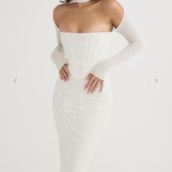 NWT XS House of CB Milarose White Mesh Corset Midi Off-Shoulder Bodycon Dress
