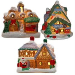 1994 Avon Santa Town "Reindeer Lodge" - "Elves Workshop" - "Santa's House" Porcelain Lighted Houses Set of 3 Gift Bundle
